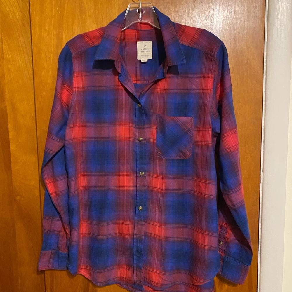 American Eagle Outfitters Vintage Boyfriend Red and Blue Plaid Shirt